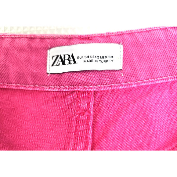 Zara Jeans ~Womens 2~ Pink Wide Leg High Rise Denim Raw Edge Hem Bright Barbie. - Picture 2 of 14
